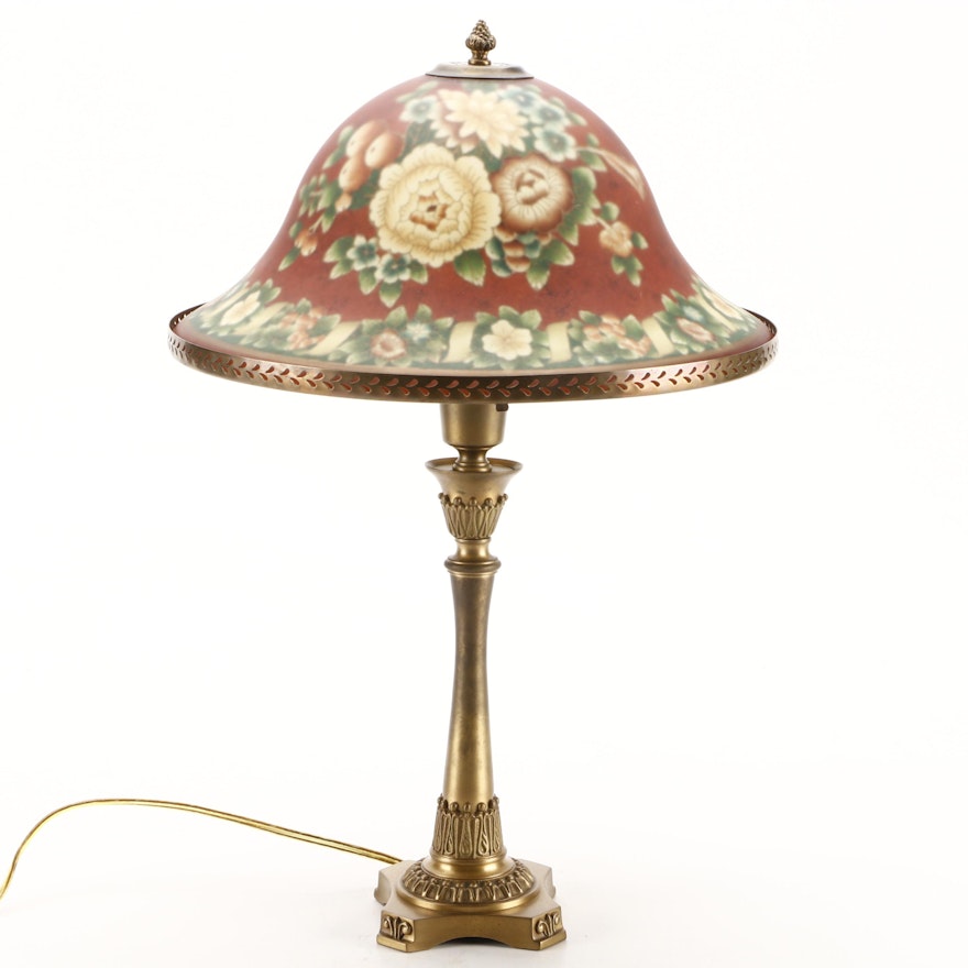 Neoclassical Style Brass Table Lamp with Floral Motif Reverse Decorated Shade