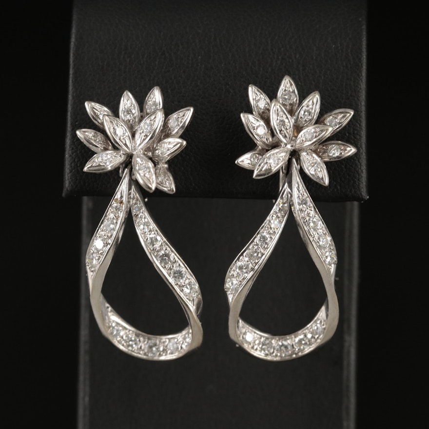 Vintage 14K 1.40 CTW Diamond Flower and Ribbon Earrings