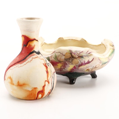 Nemadji Pottery Vase with Rosenthal & Co. Porcelain Footed Chestnut Bowl