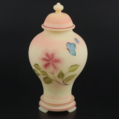 Fenton Hand-Painted Butterfly Custard Glass Ginger Jar, 2003