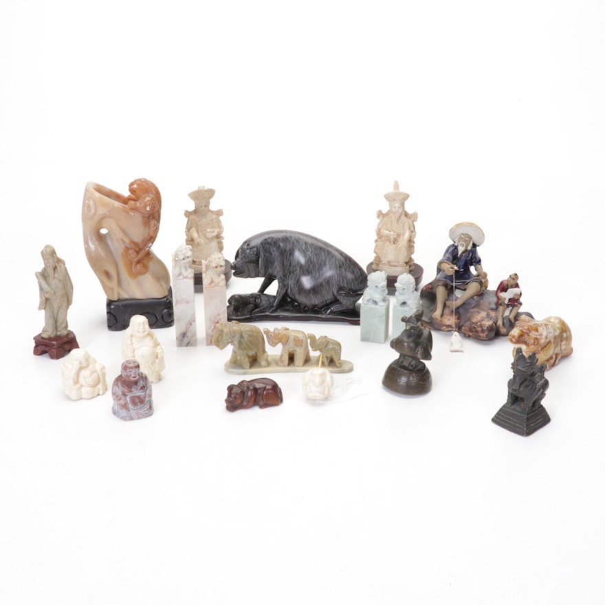 East Asian Figurines Featuring Shoushan Stone Carved Pig and More