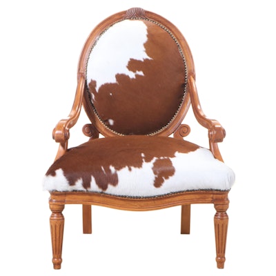 Louis XVI Style Over-Sized Armchair in Cowhide and Nailhead Trim