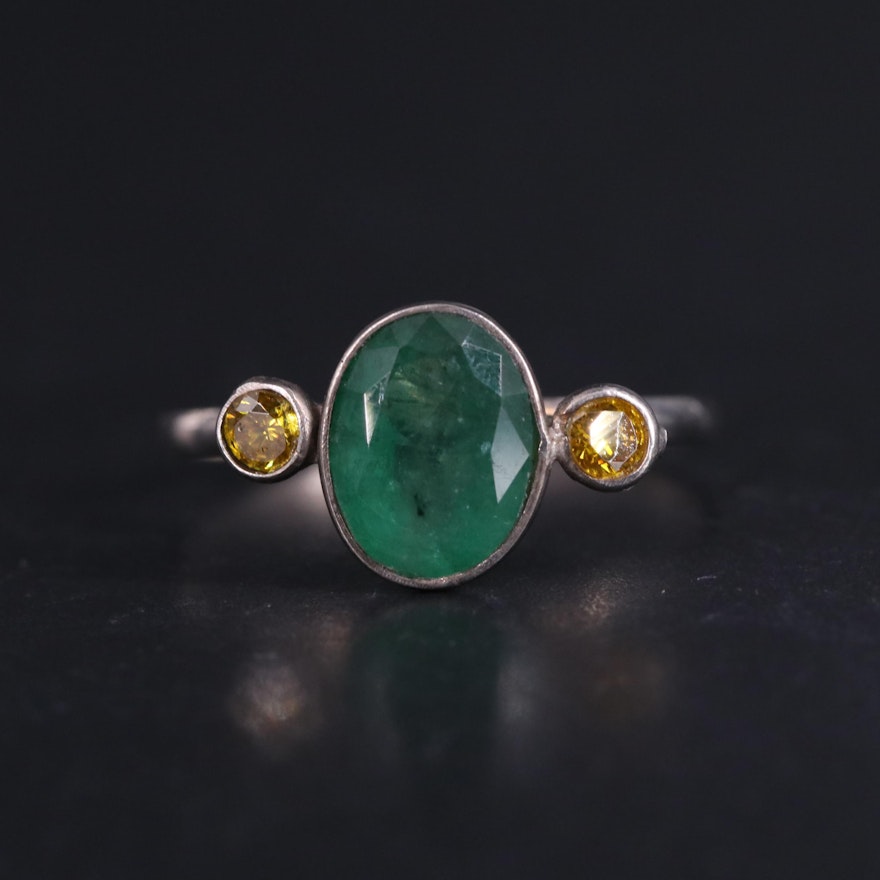 14K Yellow Lab Grown Diamond and Emerald Ring