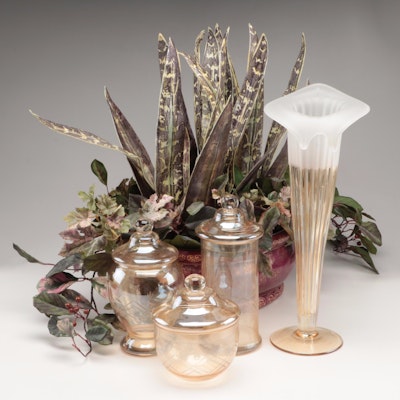 Bombay Trumpet Vase with Other Luster Glass Jars and Planter with Floral Display