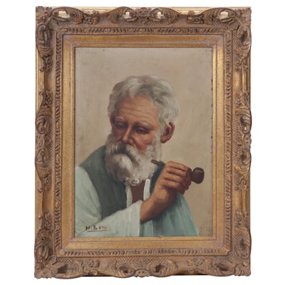 H. Beni Portrait Oil Painting of Elderly Man Holding Pipe, Circa 1965