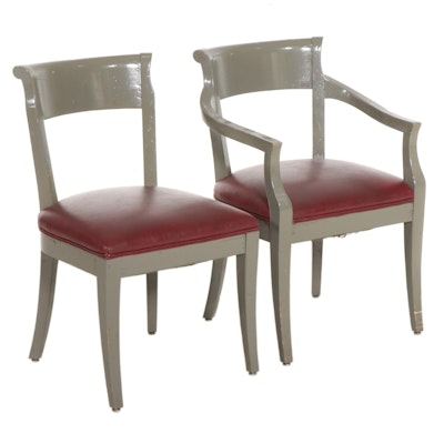 Two Gray-Painted Wood and Burgundy Leather Upholstered Chairs, Mid-20th Century