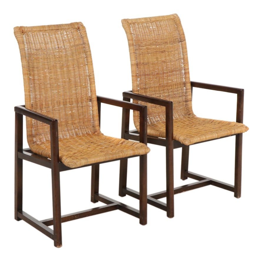 Pair of Modernist Wicker and Wood Armchairs, Late 20th Century