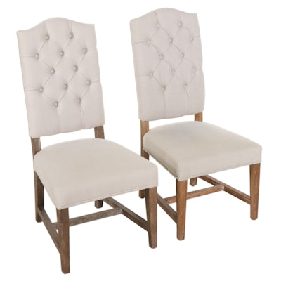 Pair of Classic Concepts Oak-Grained and Tufted-Linen Dining Chairs
