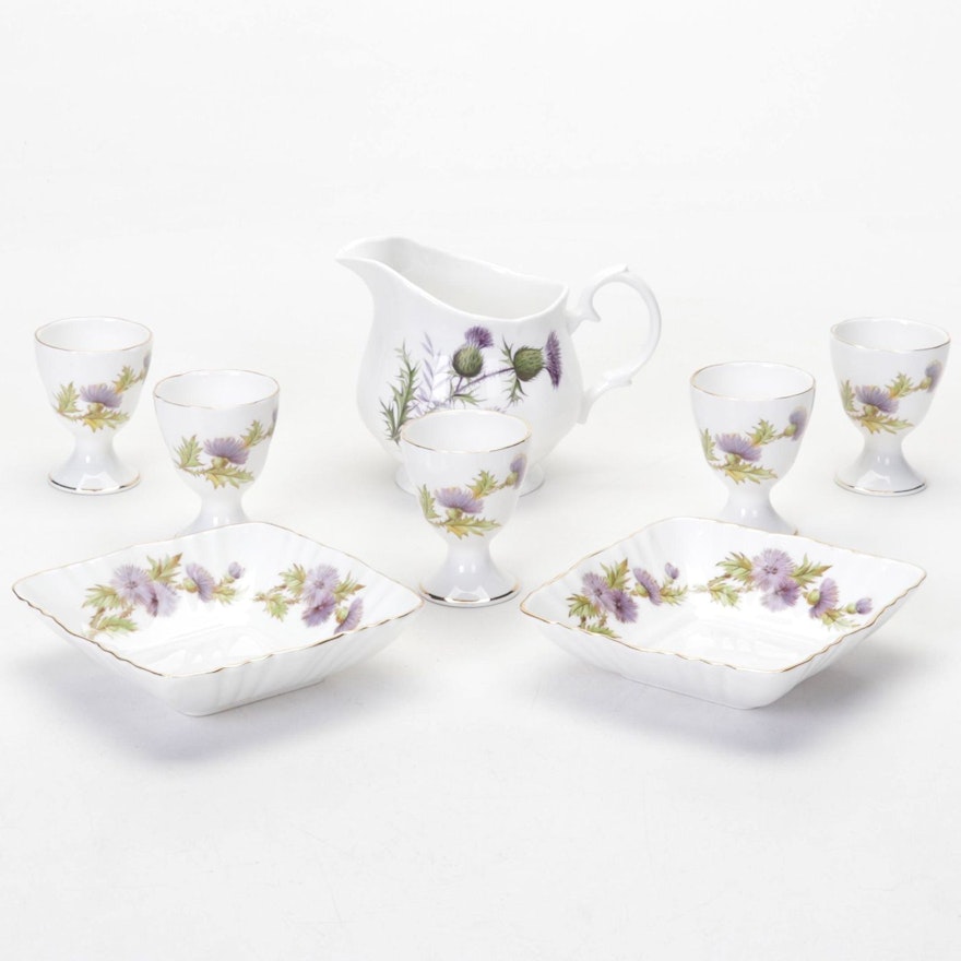 Luckenbooth "The Thistle" Creamer, Paragon "Highland Queen" Egg Cups, and Dishes