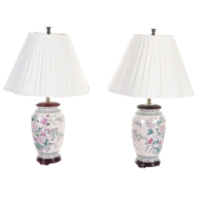 Pair of Chinese Hand-Painted Peony Motif Ceramic Vase Table Lamps