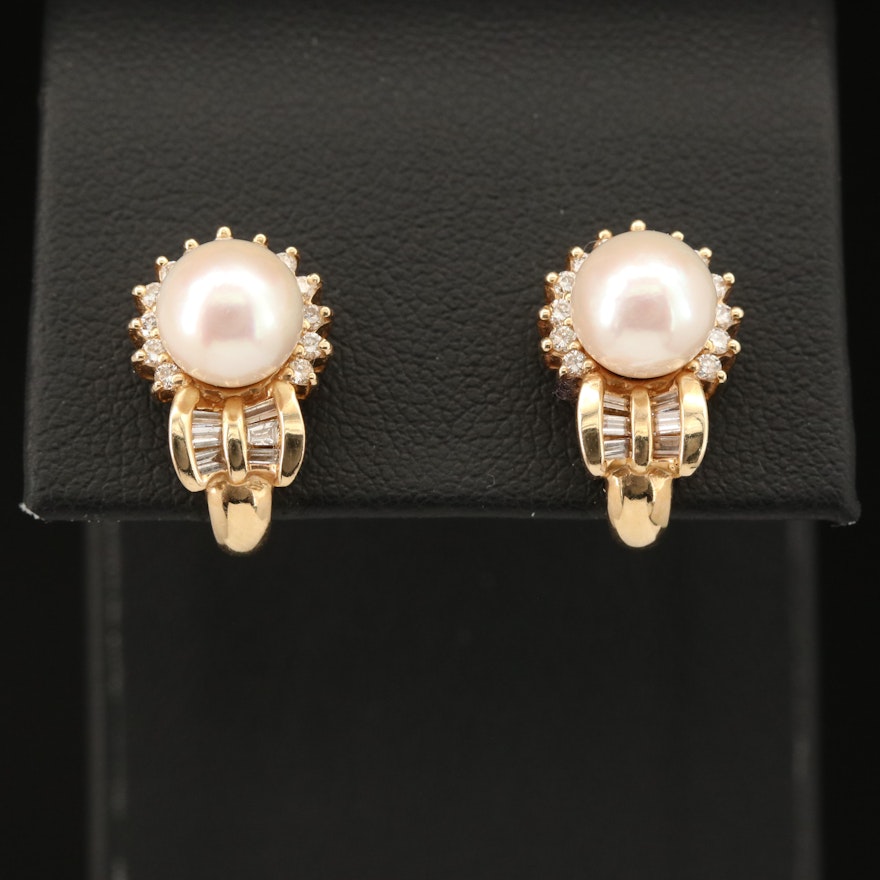 14K Pearl and Diamonds J Hoop Earrings