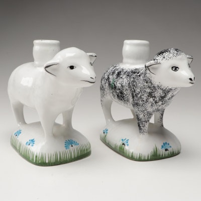 Portuguese Hand-Painted Ceramic Sheep Candle Holders