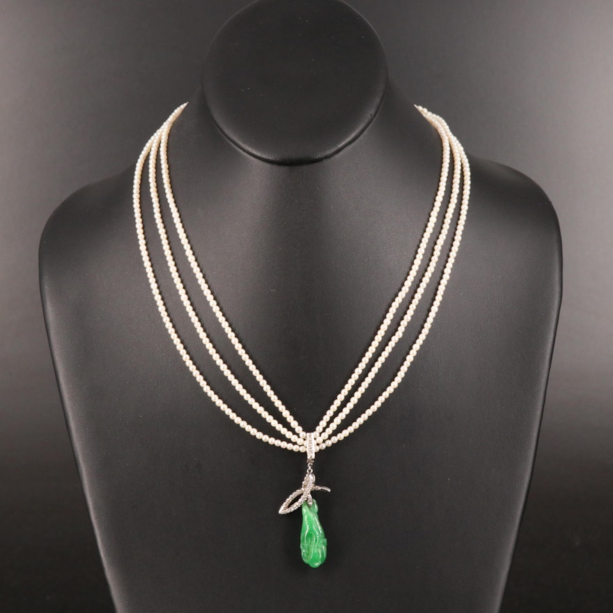 Pearl Necklace with 10K Jadeite and Diamond Enhancer Pendant Includes GIA Report