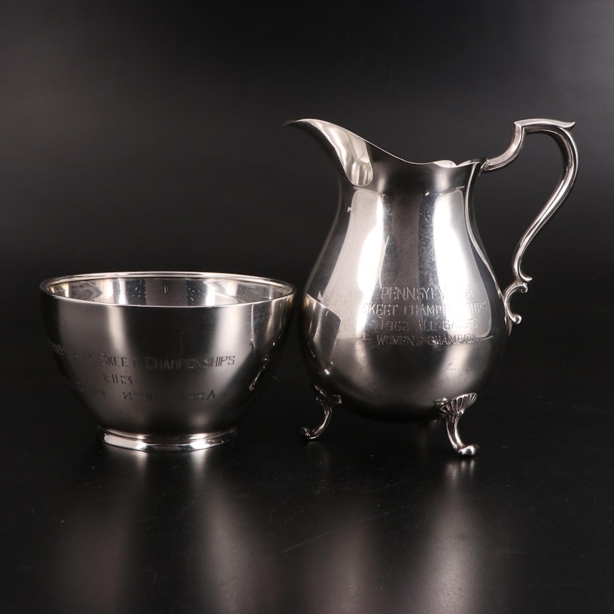 Poole and Webster Sterling Silver Skeet Trophy Bowl and Pitcher, 1960s