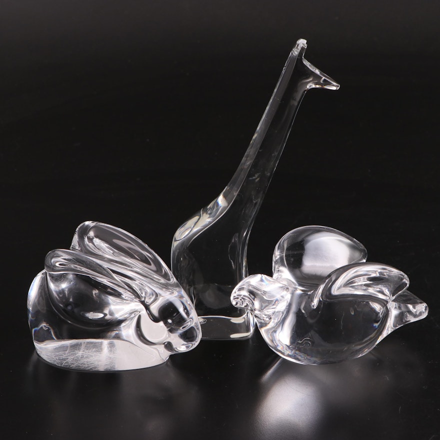 Baccarat Crystal Giraffe with Orrefors Glass Bird and Rabbit Figurines