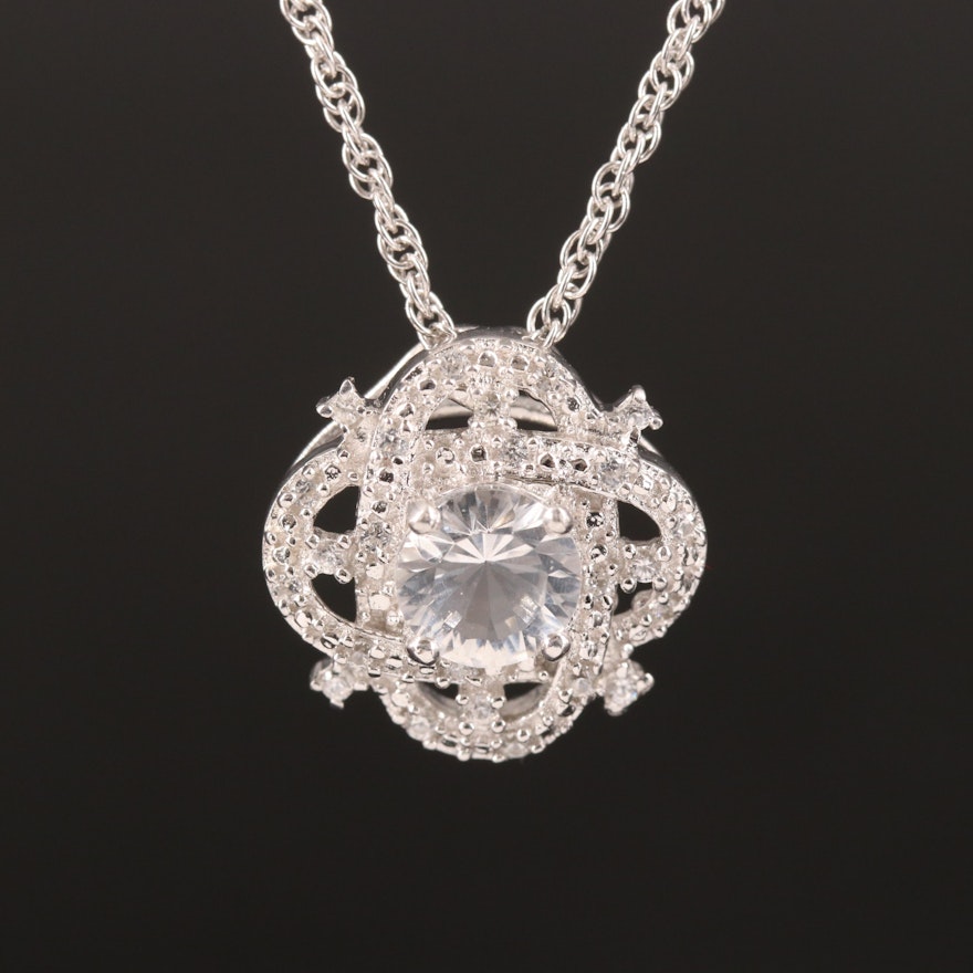 Sterling Rose Quartz and Zircon Quatrefoil Pendant Necklace