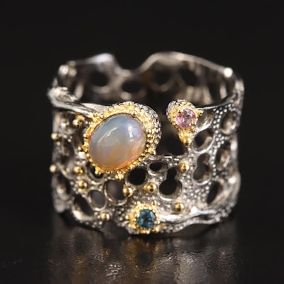 Sterling Opal, Tourmaline and London Blue Topaz Ring