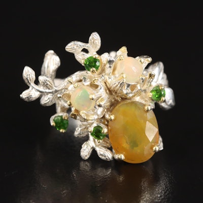 Sterling Opal and Diopside Floral Ring