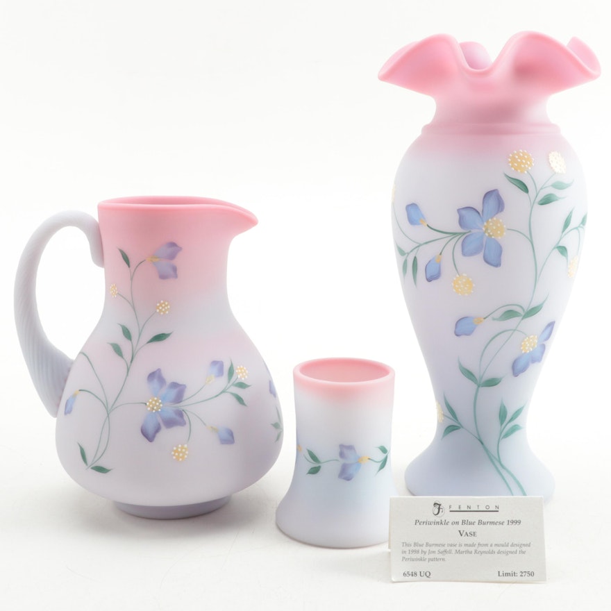 Fenton Periwinkle on Blue Burmese Hand Painted Vases and Pitcher, 1999