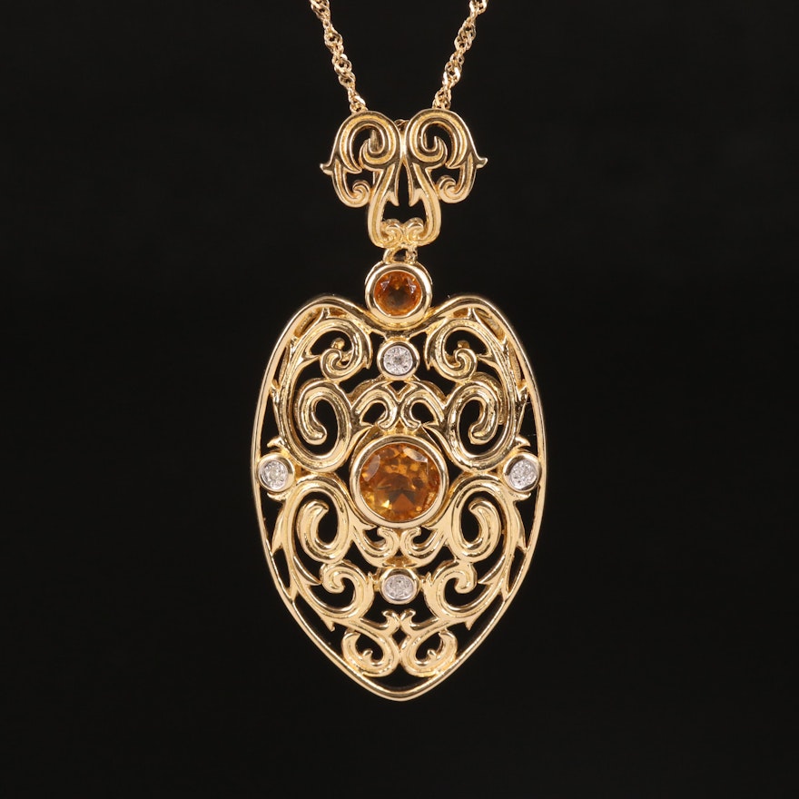 Sterling Citrine and Diamond Pendant Necklace