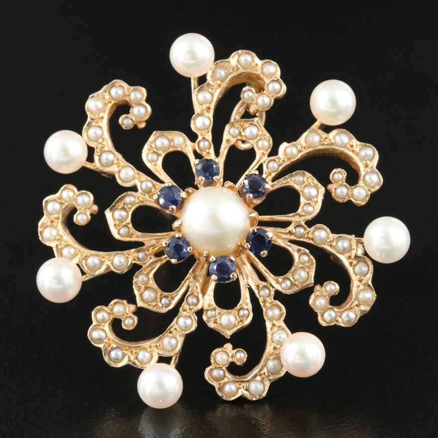14K Pearl and Sapphire Scrollwork Converter Brooch