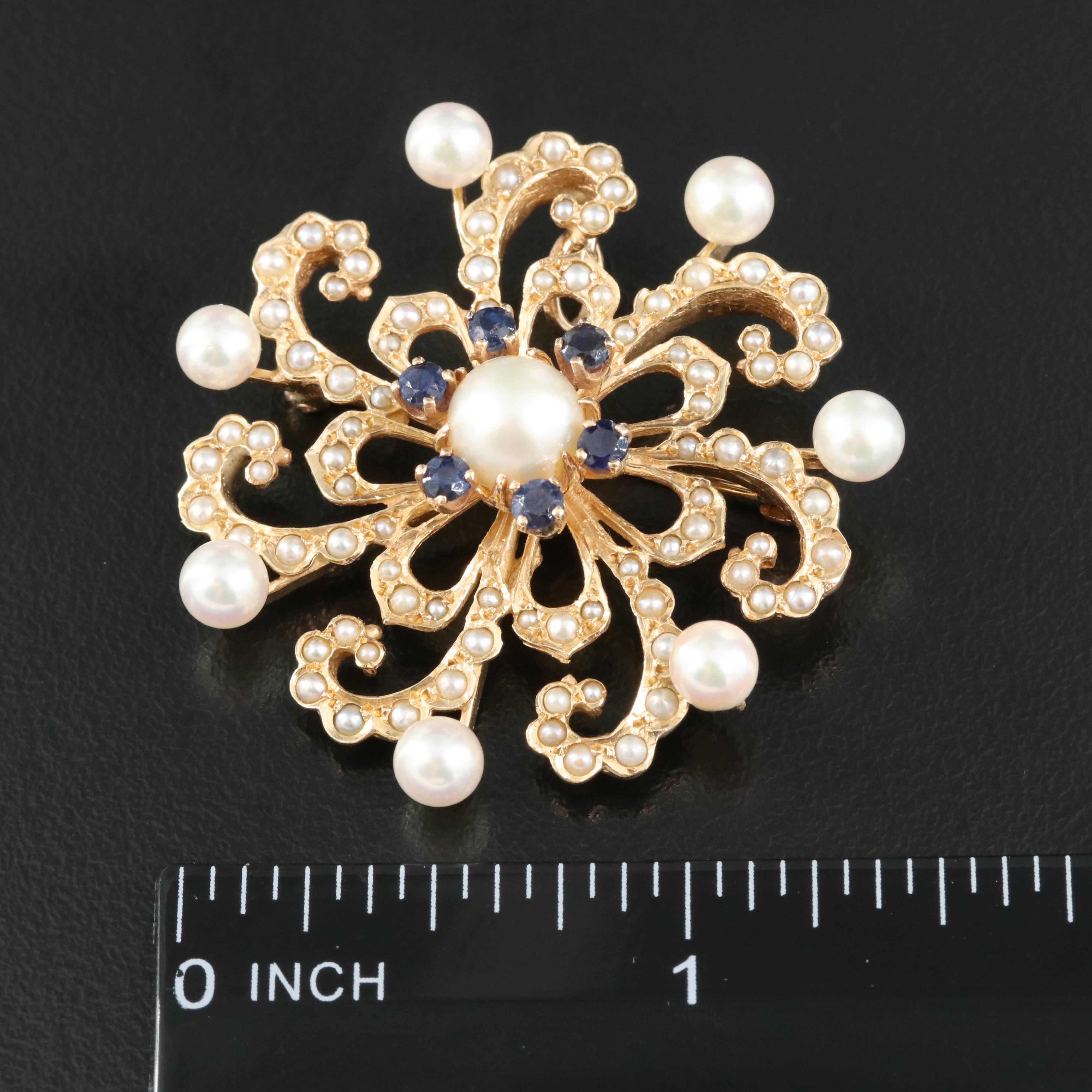 14K Pearl and Sapphire Scrollwork Converter Brooch EBTH
