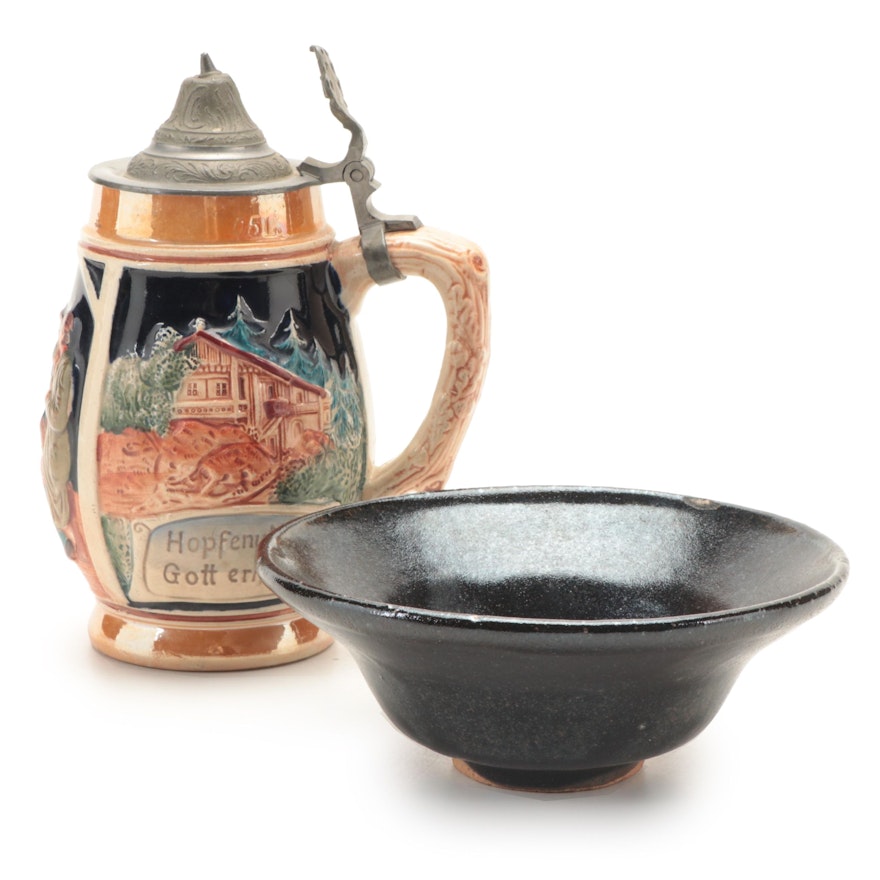 Chinese Black Glazed Stoneware Bowl with German Beer Stein