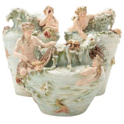 Royal Dux Art Nouveau Triton and Mermaid Garniture Vases, Early 20th C.