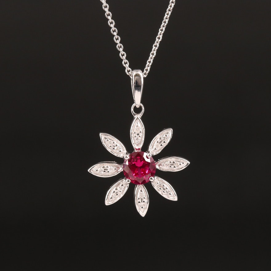 Sterling Ruby and Diamond Flower Necklace