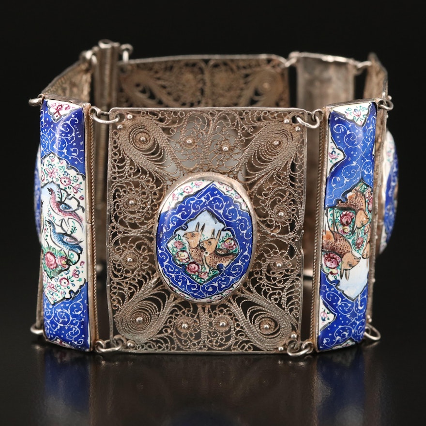 Vintage Persian Sterling Enamel Filigree Panel Bracelet