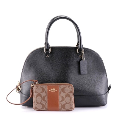 Coach Domed Handbag in Black Crossgrain Leather and Wristlet in Signature Canvas