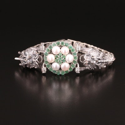 Sterling Emerald, Pearl and Marcasite Double Dragon Bracelet