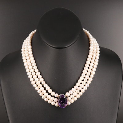 Sterling Amethyst Pendant on Triple Strand Pearl Necklace