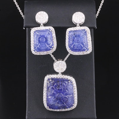14K 67.03 CTW Carved Tanzanite and 3.18 CTW Diamond Earring and Necklace Set