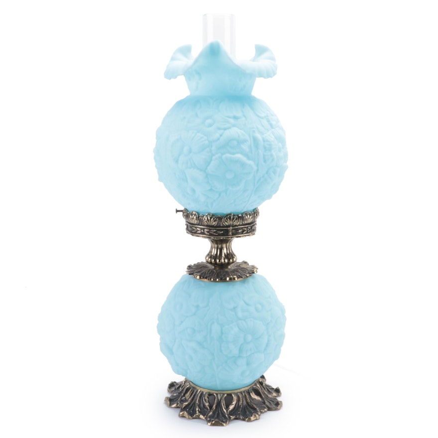 Loevsky & Loevsky With Fenton "Poppy" Blue Satin Glass Parlor Lamp, Mid-20th C
