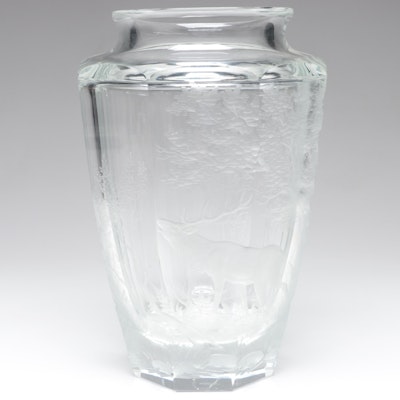 Luděk Balcar for Moser Forest with Elk Cut and Engraved Czech Crystal Vase, 1977
