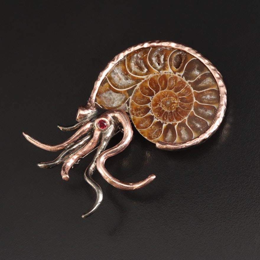 Sterling Ammonite and Garnet Nautilus Brooch