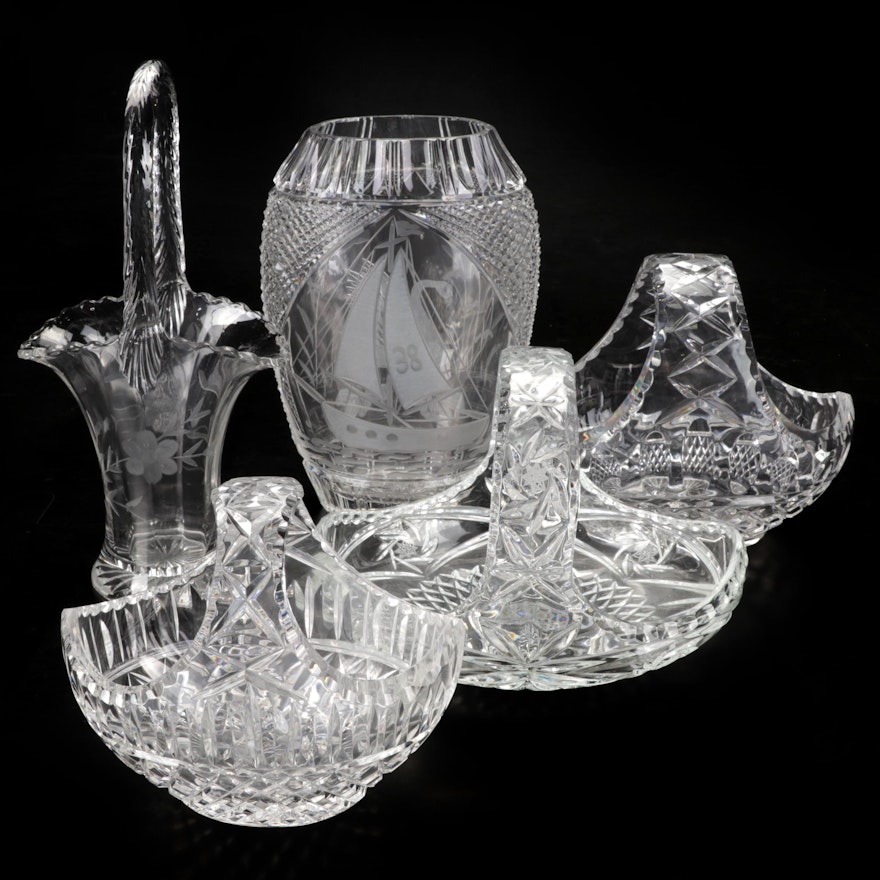 Etched Vase With Crystal and Glass Basket Collection, 20th Century