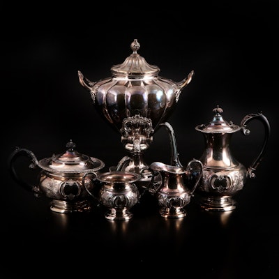 Old English Reproduction Hand Chased Silver Plate Coffee and Tea Service