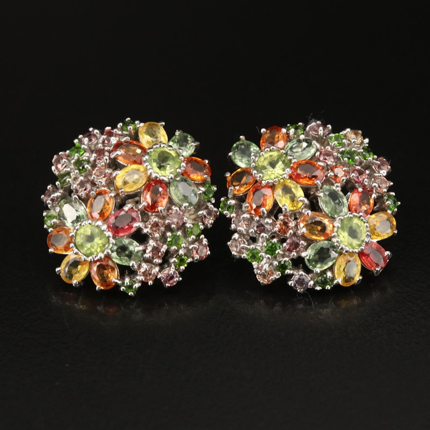 Sterling Rhodolite Garnet, Sapphire and Peridot Floral Cluster Earrings