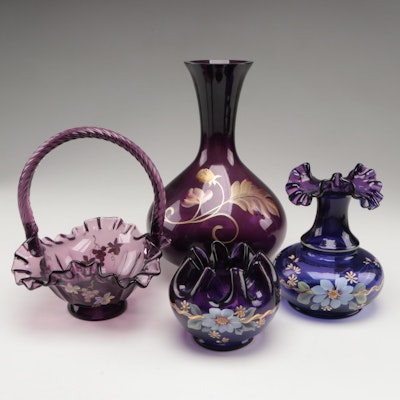 Fenton Hand Painted Royal Purple Glass Vases and Basket, Late 20th Century