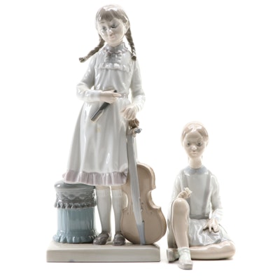 Lladró "Girl with Cello" and "Girl with Flower" Porcelain Figurines, 1971–1974