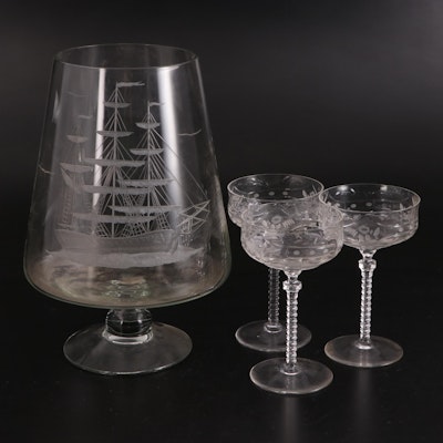 Etched Glass Snifter Vase with Etched Champagne/Tall Sherbet Glasses