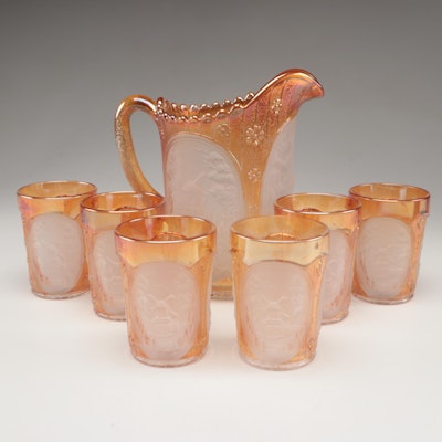 Imperial "Windmill" Marigold and Frosted Glass Pitcher and Tumblers, Mid-20th C.