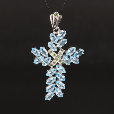Sterling Sky Blue Topaz and Diopside Cross Pendant