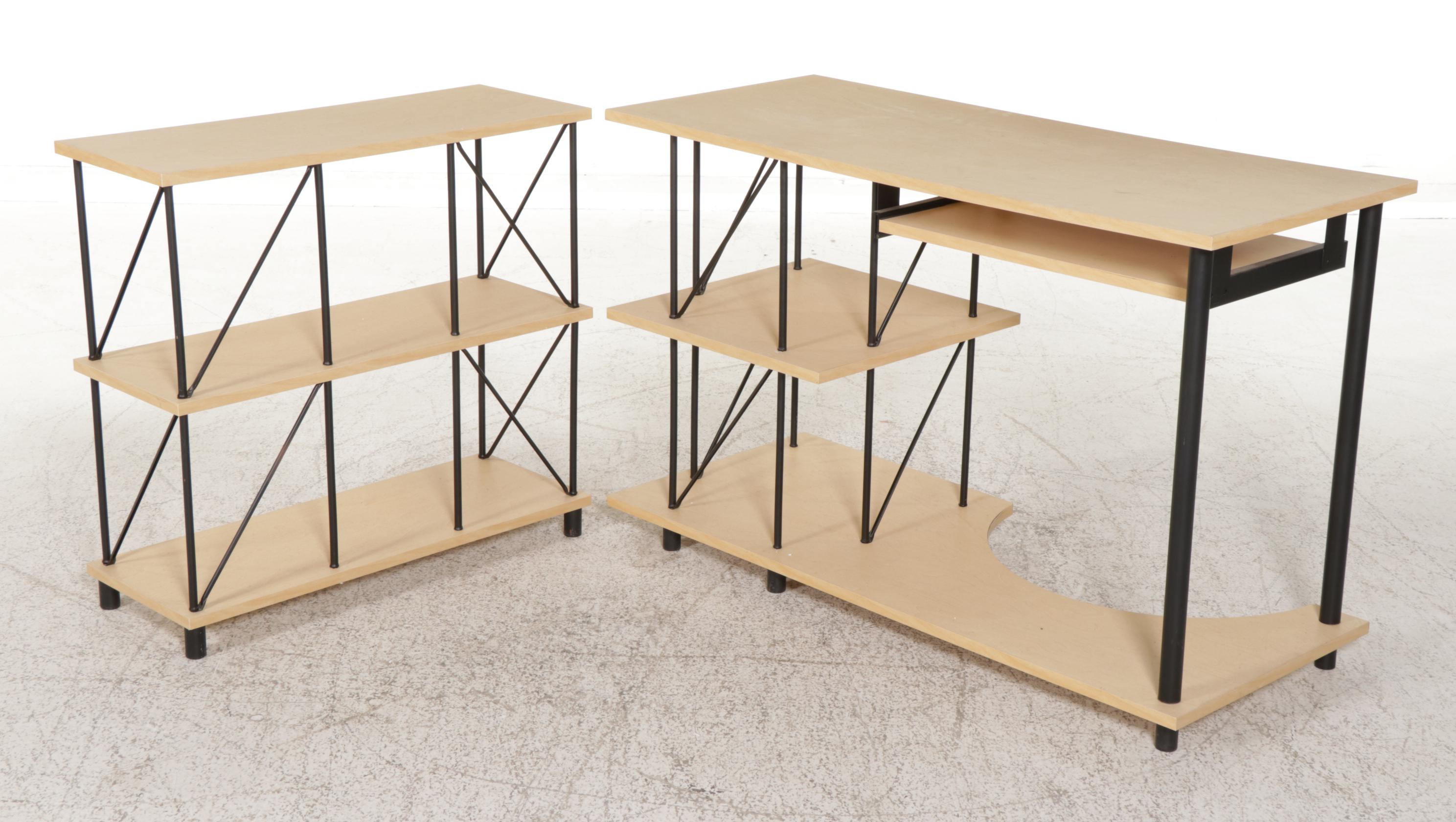 Wood Laminate and Metal Rod Computer Desk with Shelving and Chair | EBTH