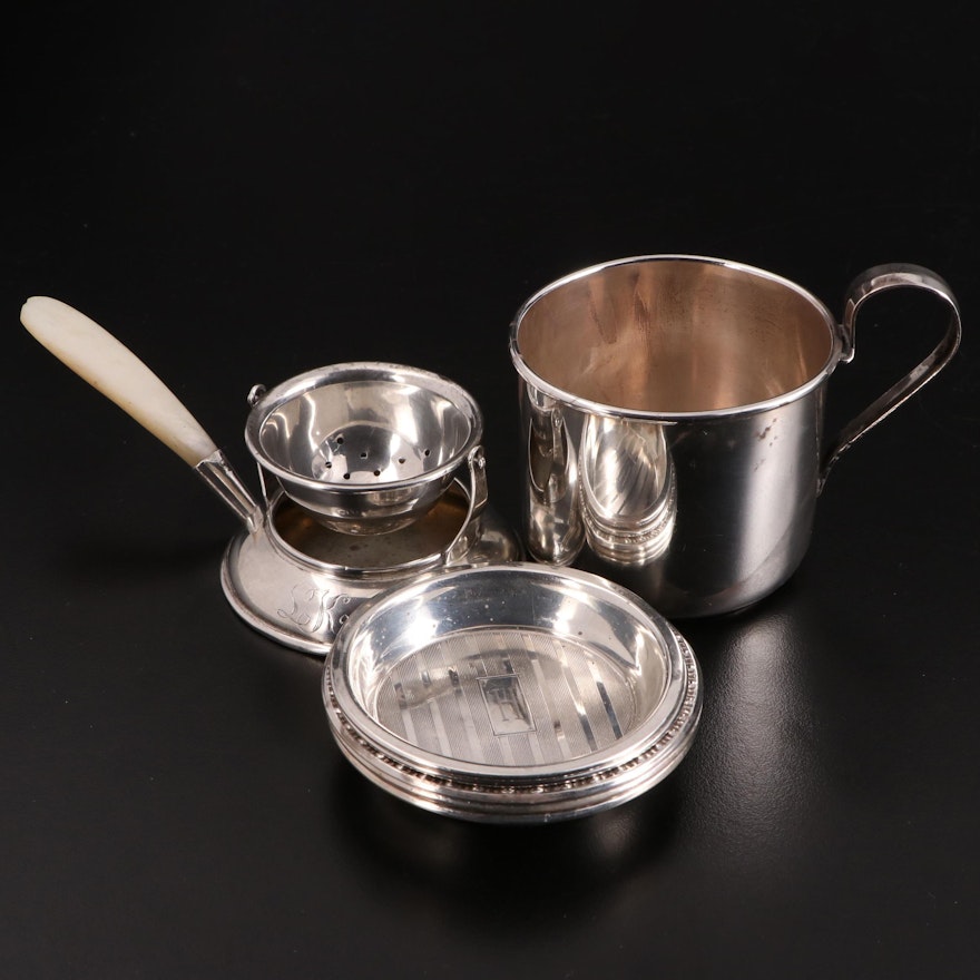 Sterling Silver and Mother-of-Pearl Tea Strainer with Silver Cup and Butter Pats