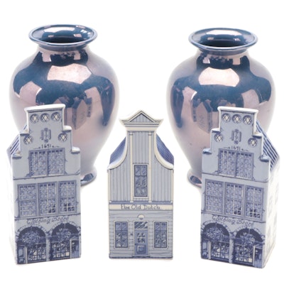 Hand-Painted Delft Row Buildings with Blue Ceramic Vases