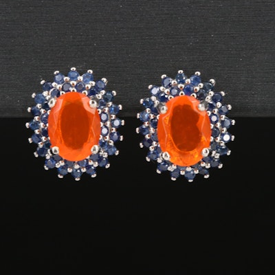Sterling Fire Opal and Sapphire Earrings