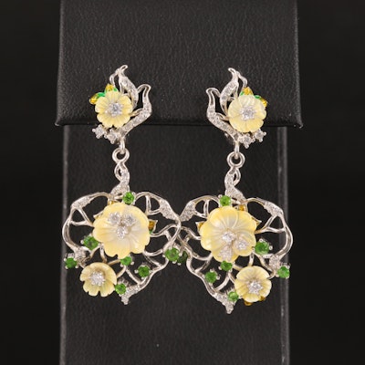 Sterling Mother-of-Pearl, Cubic Zirconia and Diopside Floral Earrings